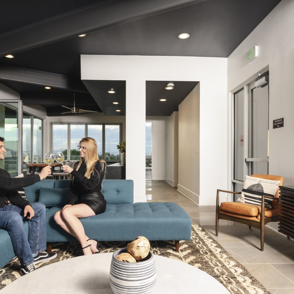 Green Friendly Apartments in Denver, CO - DECO Apartments The Summit Area With Cozy Couch, TV, and Stylish Decor
